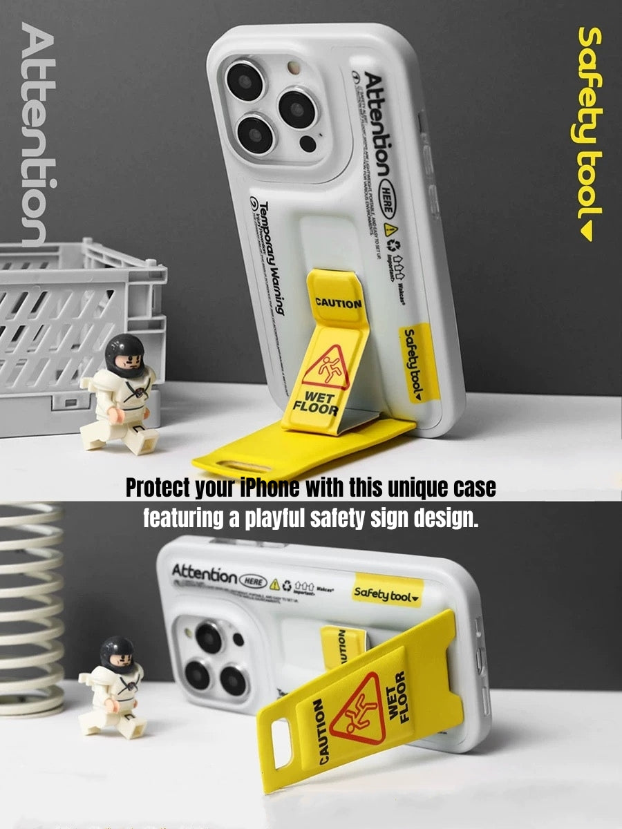 Caution Wet Floor-Themed iPhone Case with Magnetic Stand